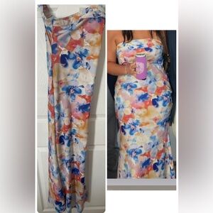 SHEIN Strapless Watercolor Floral Maxi Dress - Blue Pink Orange